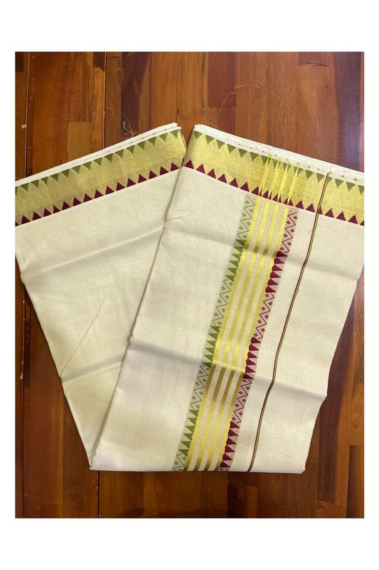 Southloom Tissue Kasavu Wide Lines Kerala Saree with Maroon Olive Green Temple Border