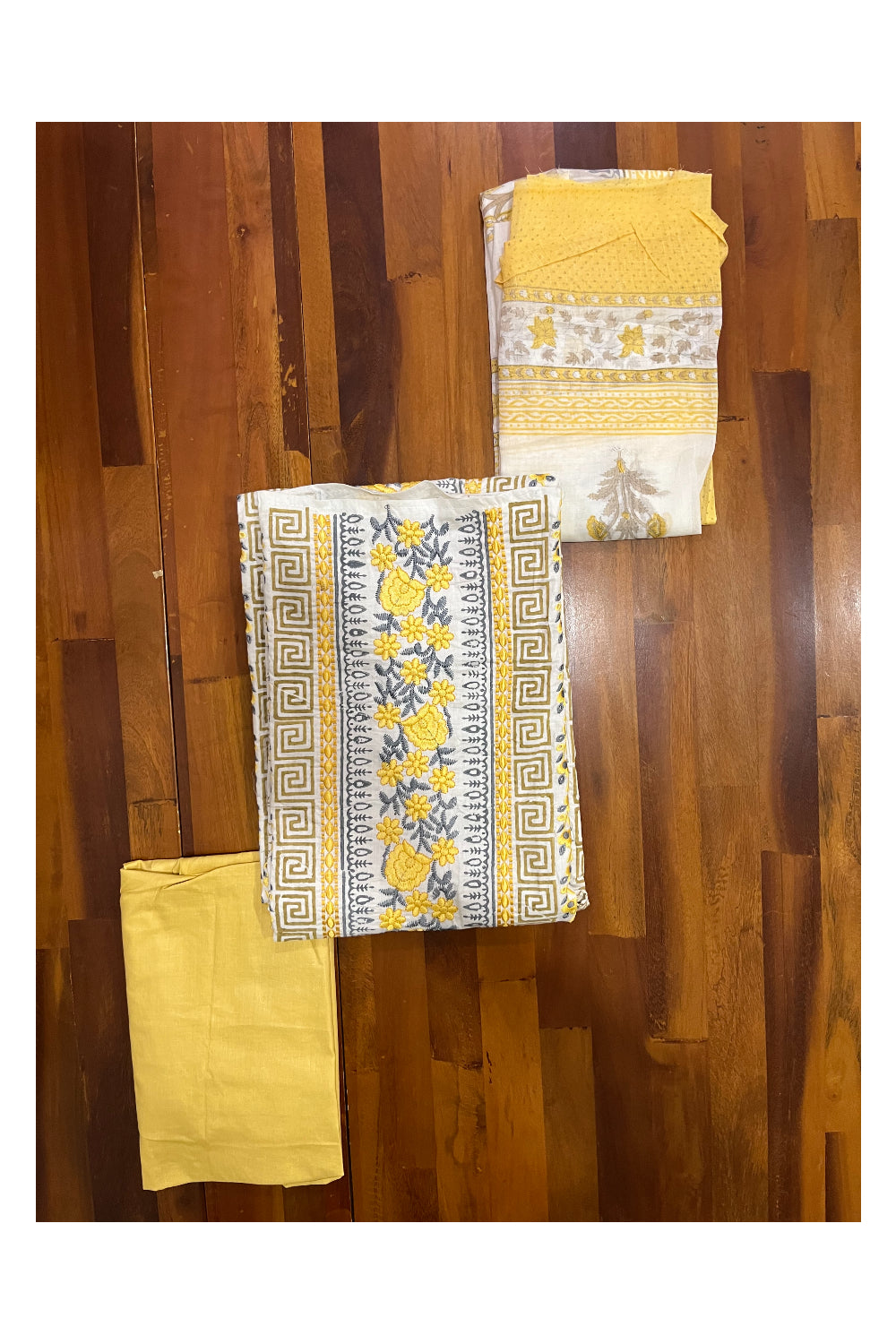 Southloom™ Cotton Yellow Grey Embroidery Work Churidar Salwar Suit Material