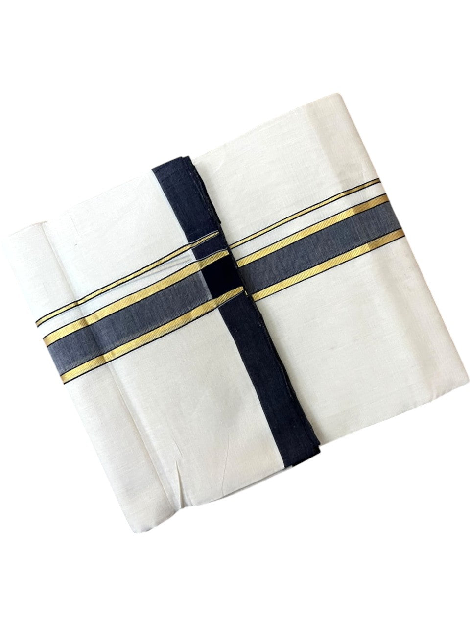 Southloom Balaramapuram Unakkupaavu Premium Handloom Cotton Double Mundu with Gold Kasavu and Black Border