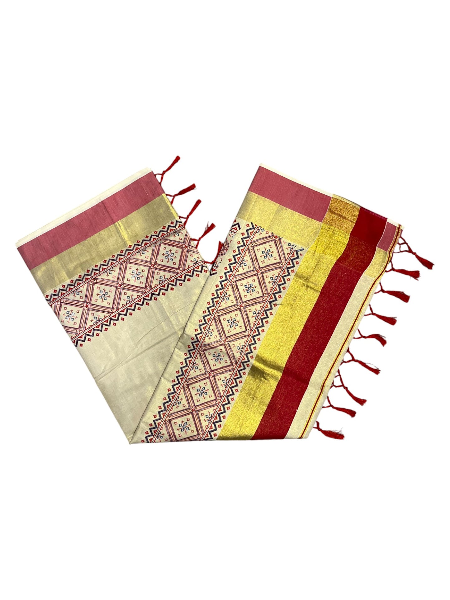 Southloom Kerala Tissue Kasavu Saree Red Hand Printed