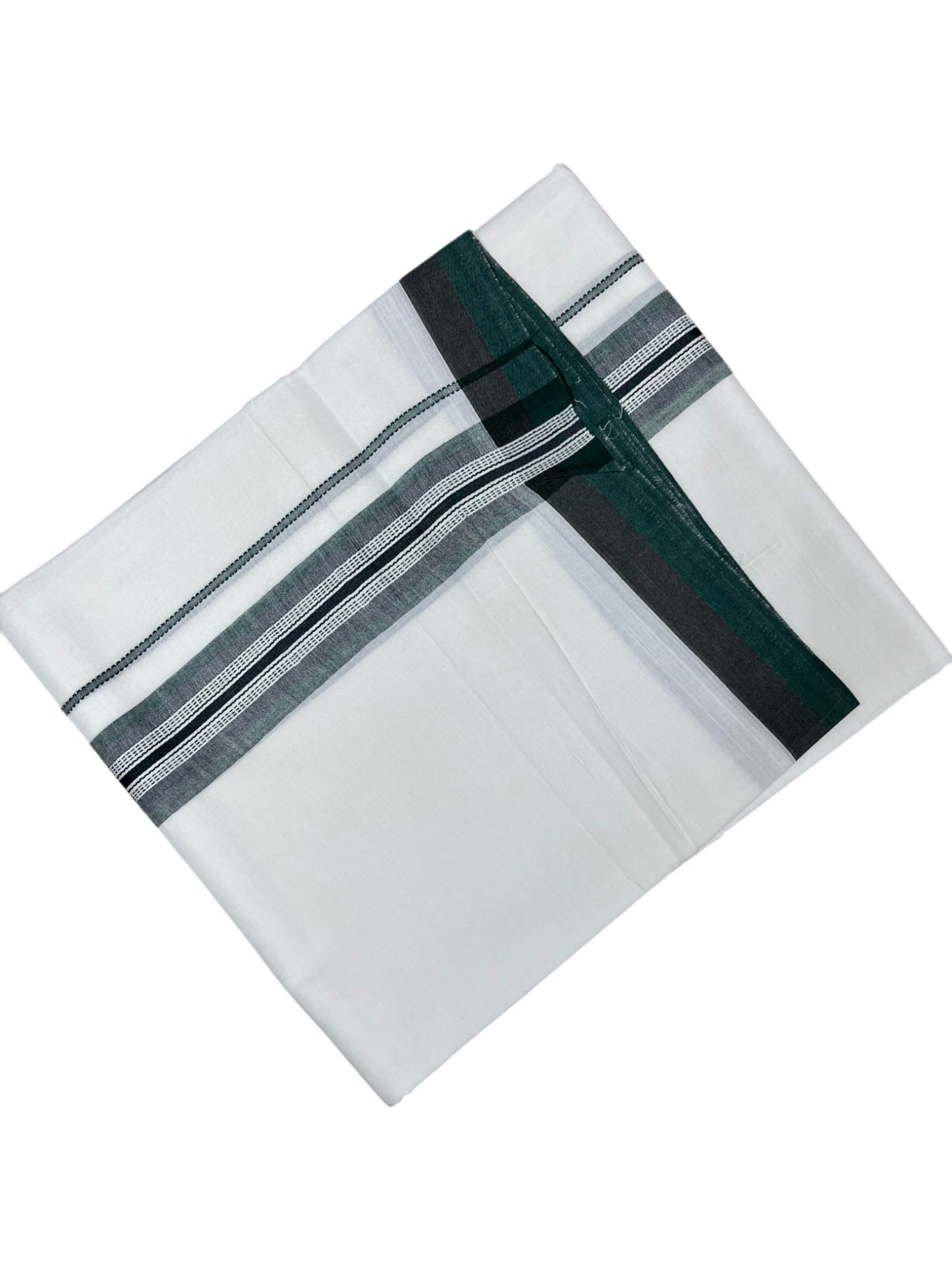 Southloom Pure White Cotton Double Mundu with Green and Grey Border (South Indian Dhoti)