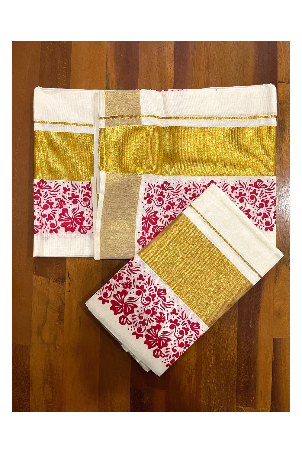 Pure Cotton Kerala Single Set Mundu (Mundum Neriyathum) with Red Block Printed Kasavu Border