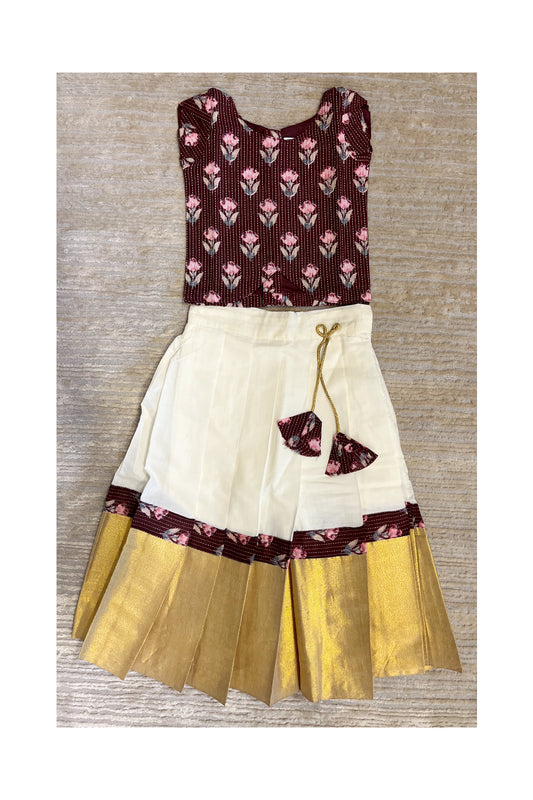 Southloom Kerala Maroon And Cottan Kasave Pavada Blouse with Bead Work for Kids (Age 1 - 10)