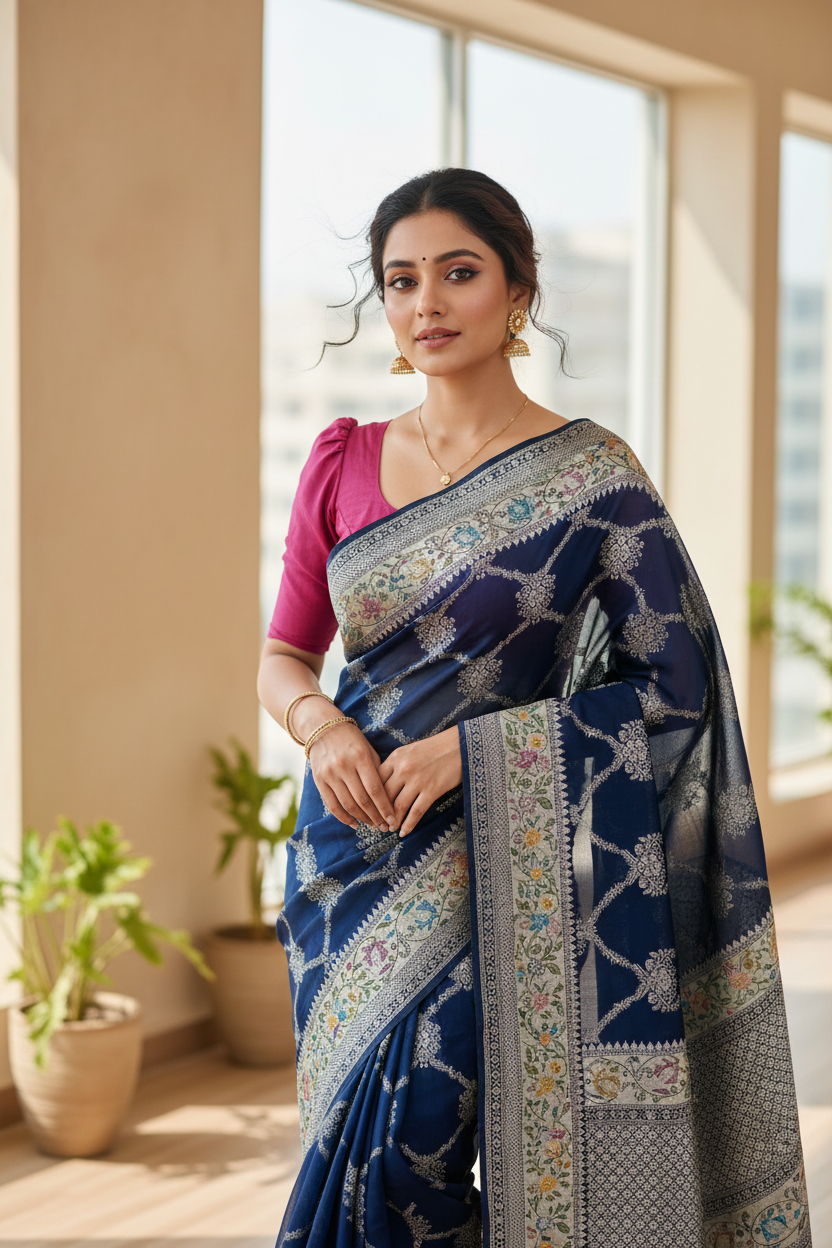 Southloom Banarasi Silk Saree with Woven Work on Body and Borders (Blue & Magenta)
