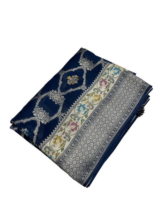 Southloom Banarasi Silk Saree with Woven Work on Body and Borders (Blue & Magenta)