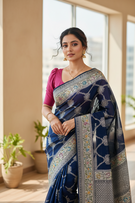 Southloom Banarasi Silk Saree with Woven Work on Body and Borders (Blue & Magenta)