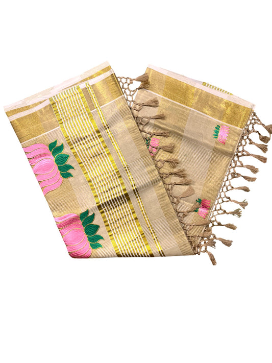 Southloom Lotus Baby Pink and Green Embroidery Check Tissue Saree With Tussles