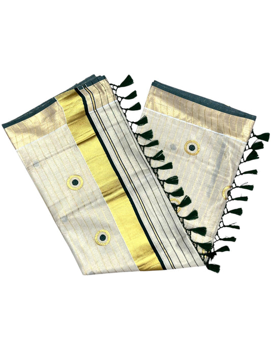 Southloom Kerala Tissue Kasavu Lines Saree with Embroidery Work on Body in Green