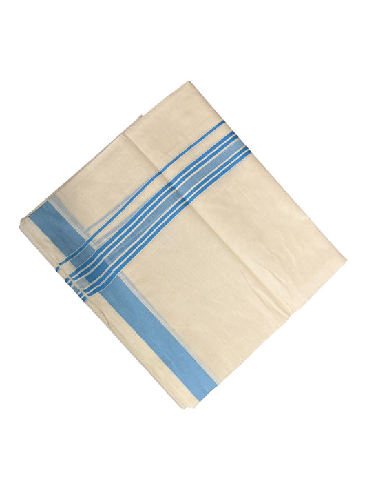 Southloom Pure Cotton Double Mundu With White Lines &Blue Border (South Indian Kerala Dhoti)