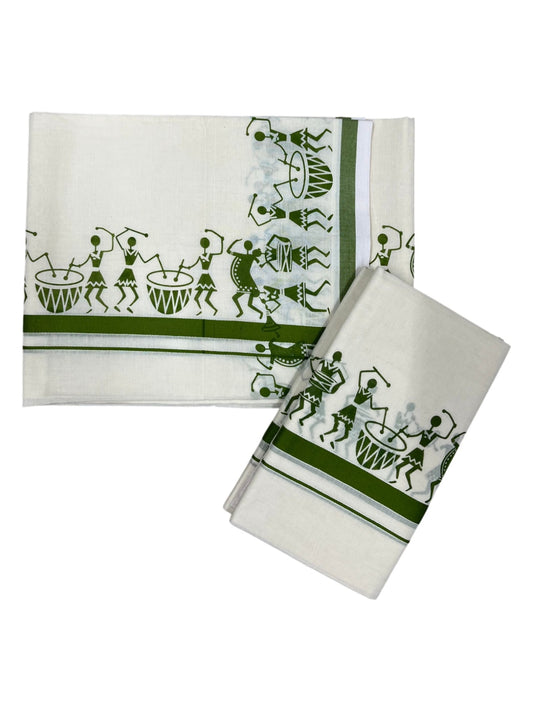 Southloom Pure Cotton Kerala Single Warly Print Set Mundu (Mundum Neriyathum) Olive Green Border in 2.50 mtrs  SL246
