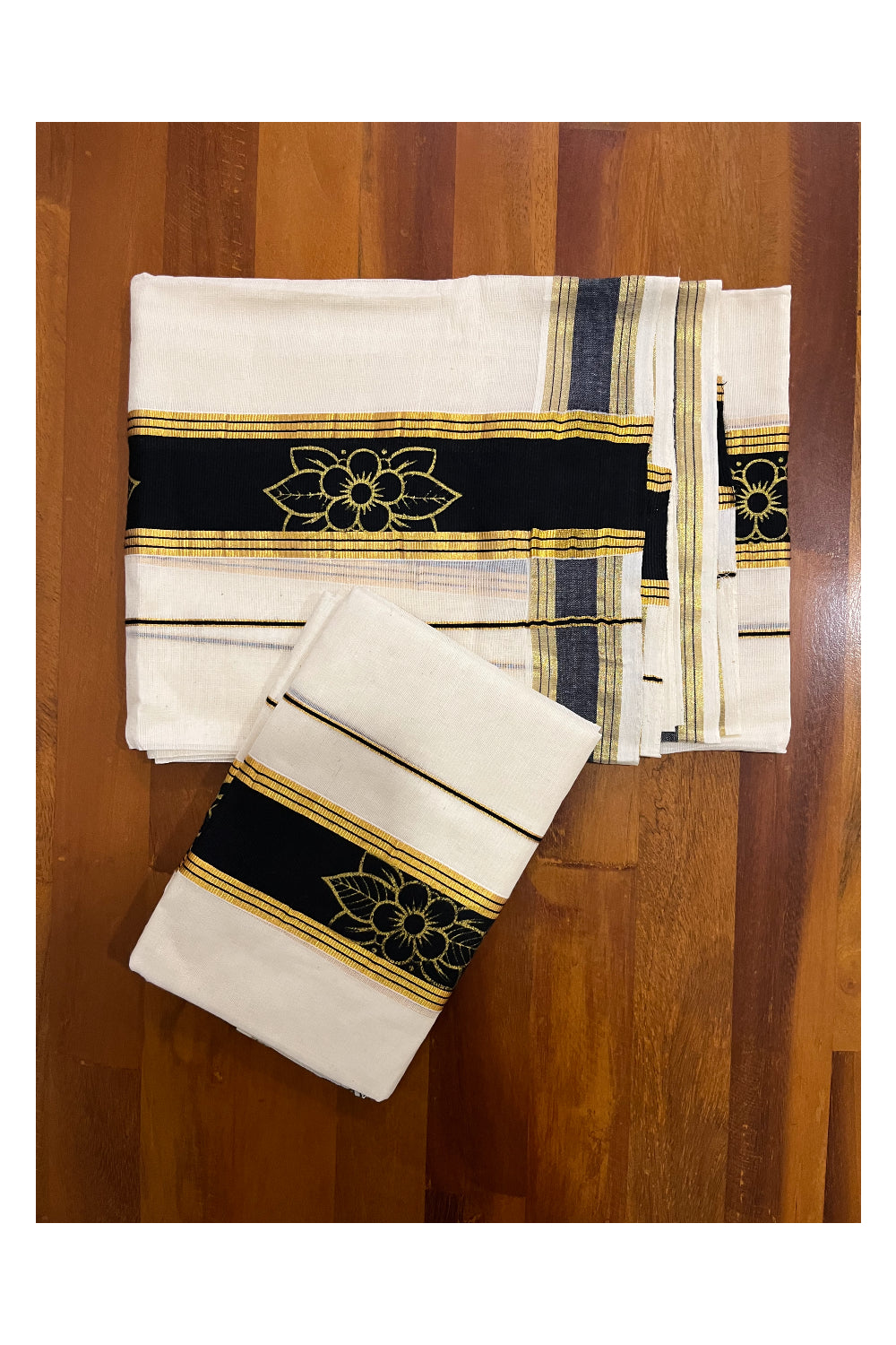 Kerala Cotton Mundum Neriyathum Single (Set Mundu) with Kasavu Block Printed Black Border (Onam Set Mundu 2023)