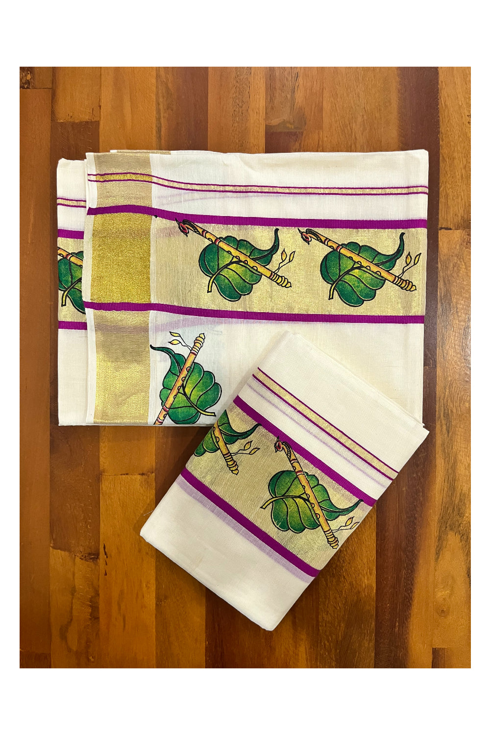 Kerala Cotton Single Set Mundu (Mundum Neriyathum) with Leaf and Flute Block Prints on Kasavu Violet Border