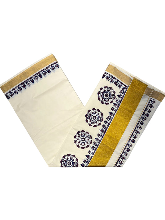 Southloom Cotton Kerala Kasavu Saree with Brown and Blue Block Prints On Border
