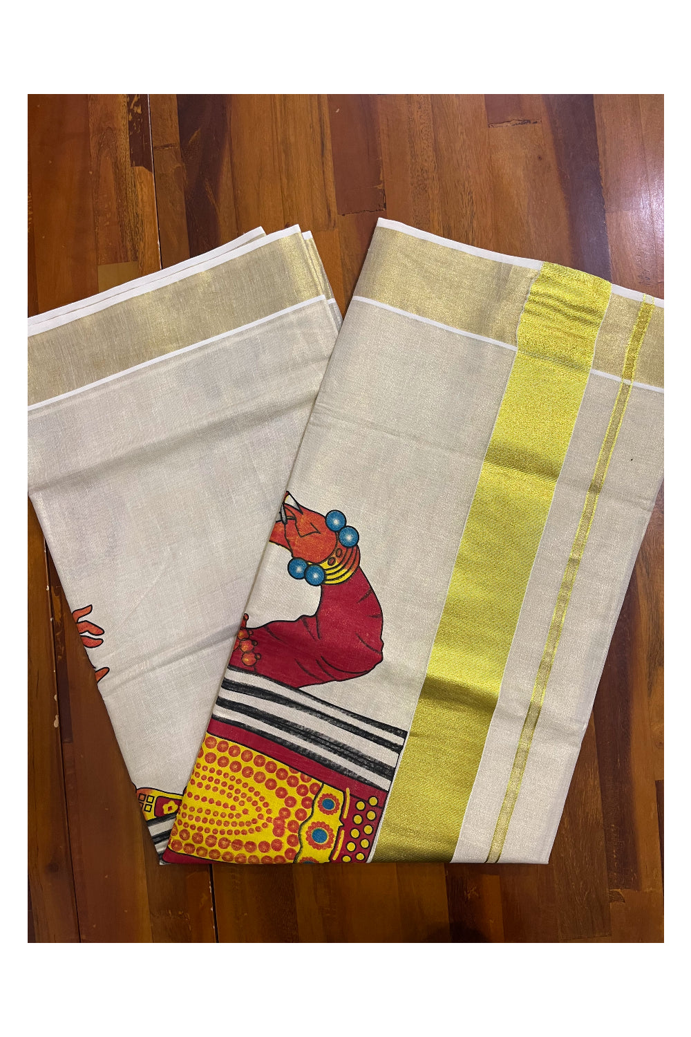 Kerala Tissue Kasavu Saree with Kathakali Mural Printed Designs