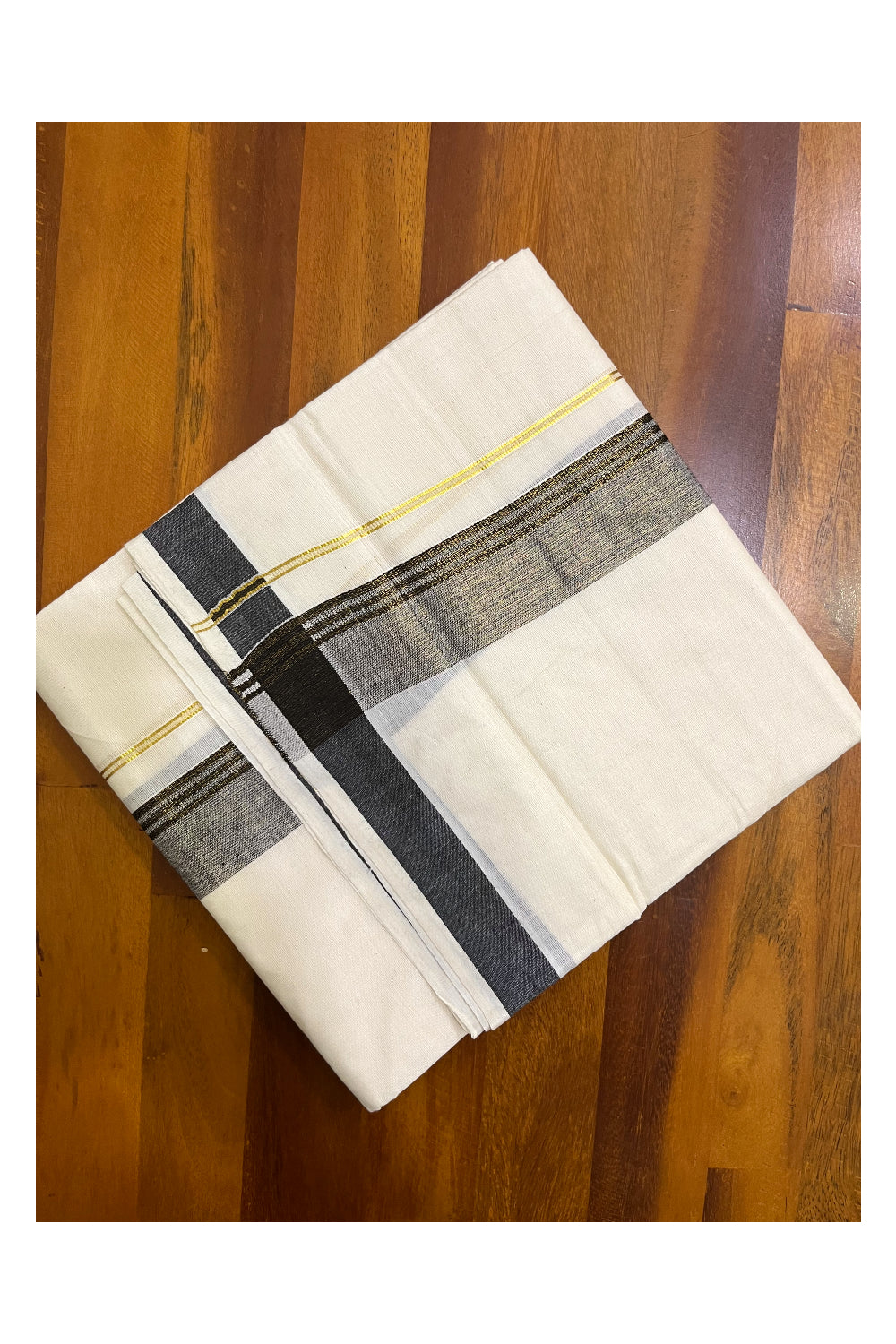 Off White Kerala Cotton Double Mundu with Kasavu and Black Border (South Indian Kerala Dhoti)