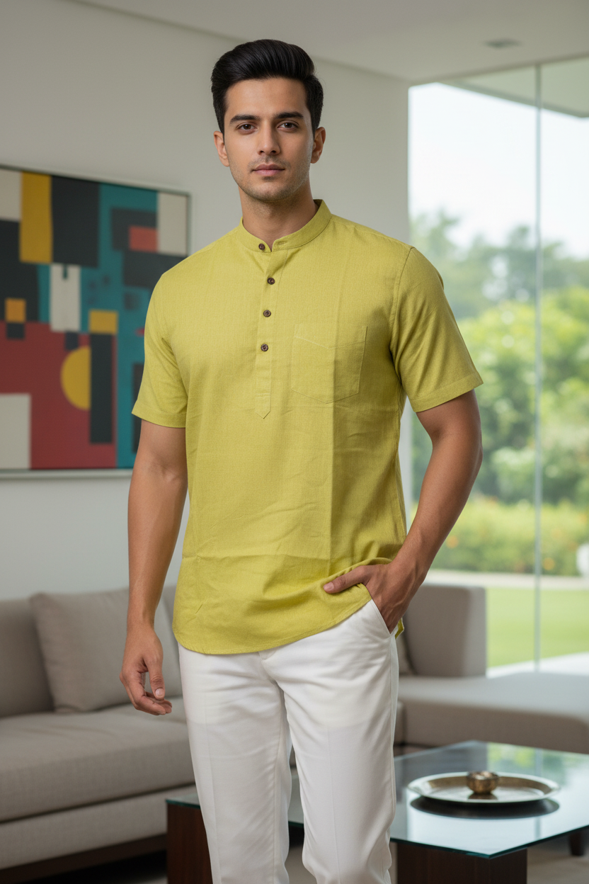 Southloom Yellow Short Cotton Kurta Shirt for Men