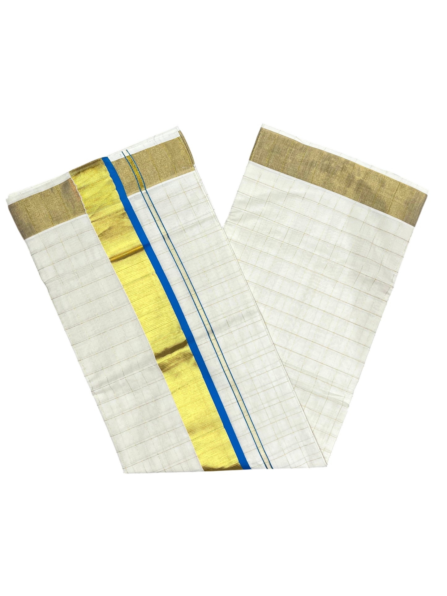 Southloom Pure Cotton  Kerala  Kasavu Woven Check Saree with Blue Border