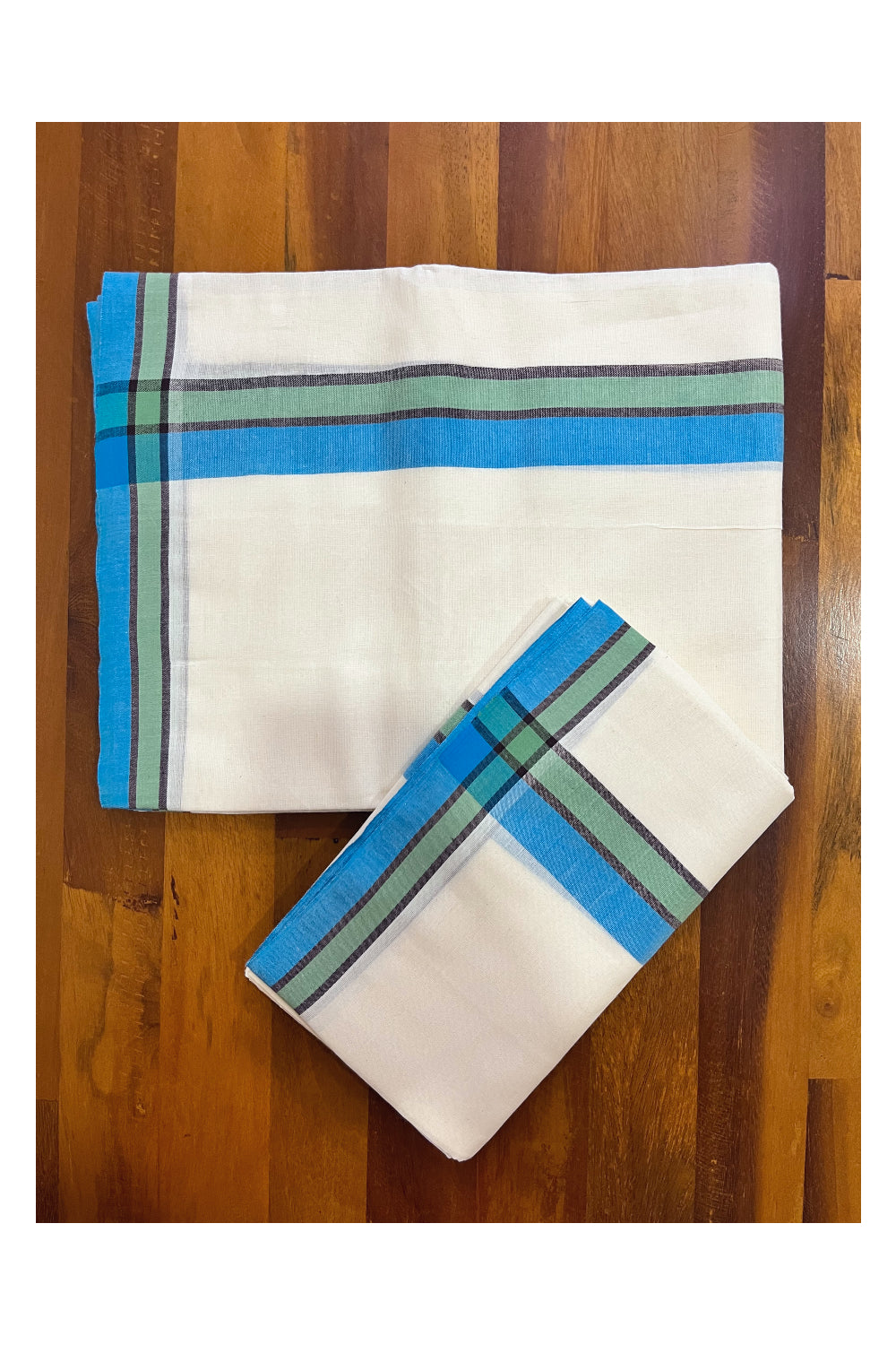 Kerala Cotton Mulloth Mundum Neriyathum Single (Set Mundu) with Blue Green Border (Extra Soft Cotton) 2.80 Mtrs