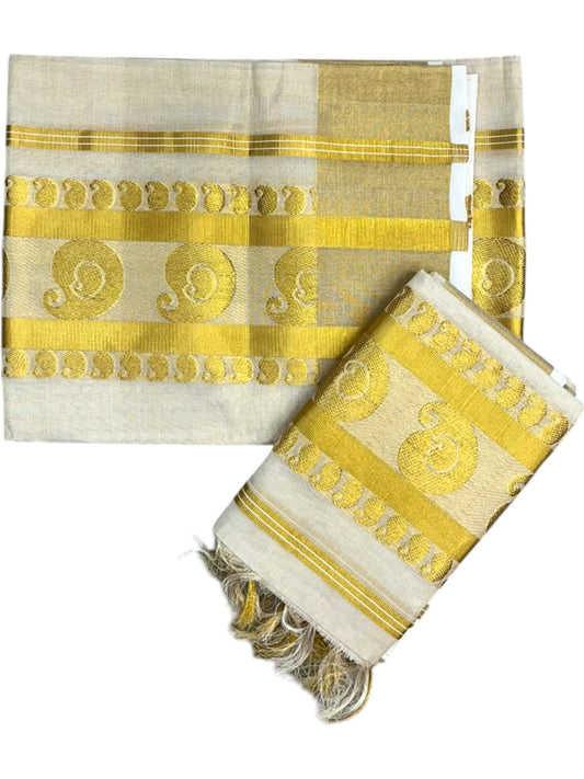 Southloom Premium Tissue Handloom Set Mundu with Manga Woven Design And Kasavu Border With Tussles (2.80 Mtr) SL632
