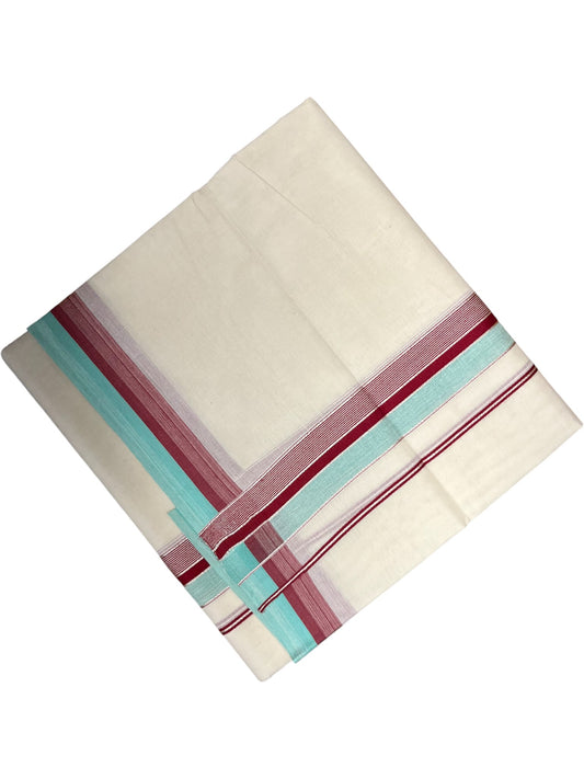Southloom Kerala Pure Cotton Double Mundu with Maroon And Blue Silver Lines Border (South Indian Dhoti)