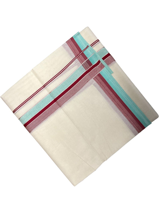 Southloom Kerala Pure Cotton Double Mundu with Maroon And Blue Silver Lines Border (South Indian Dhoti)