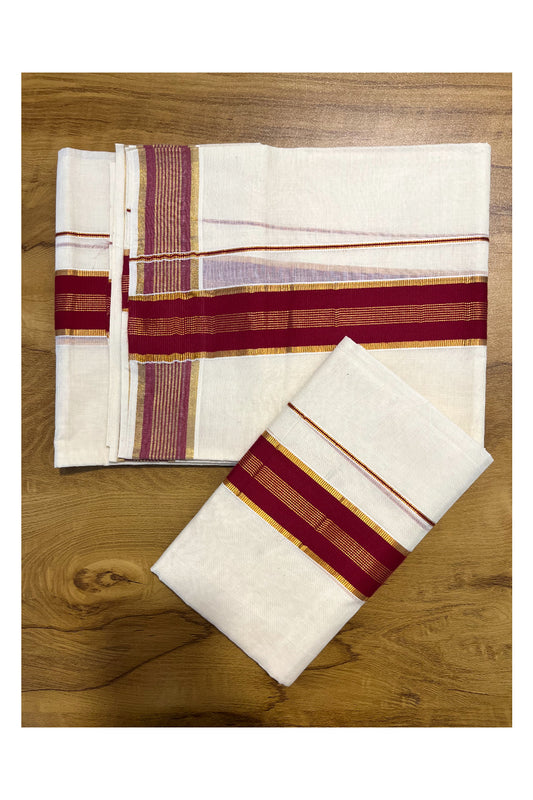 Kerala Cotton Set Mundu (Mundum Neriyathum) with Kasavu and Maroon Border