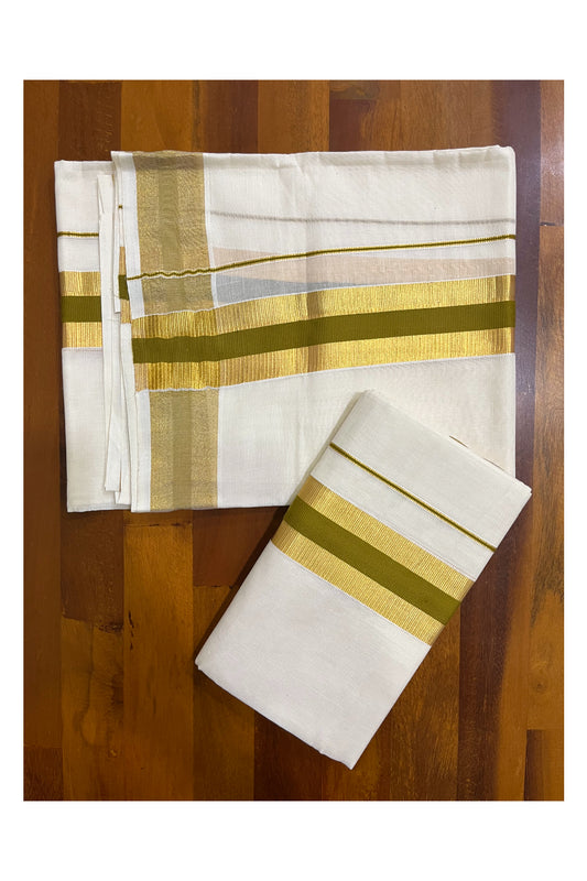 Kerala Cotton Set Mundu (Mundum Neriyathum) with Olive Green and Kasavu Border 2.80 Kasavu