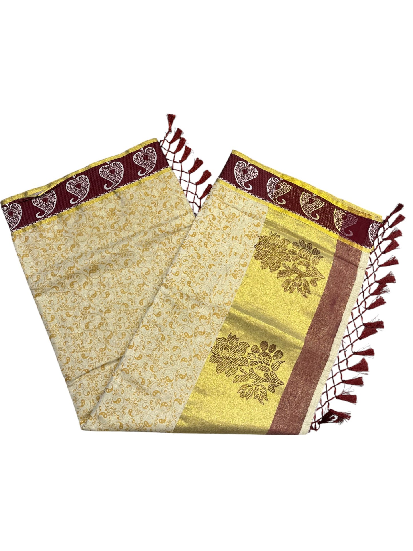 Southloom Kerala Tissue Kasavu Printed Saree with Maroon Floral Embroidery Works and Tassels