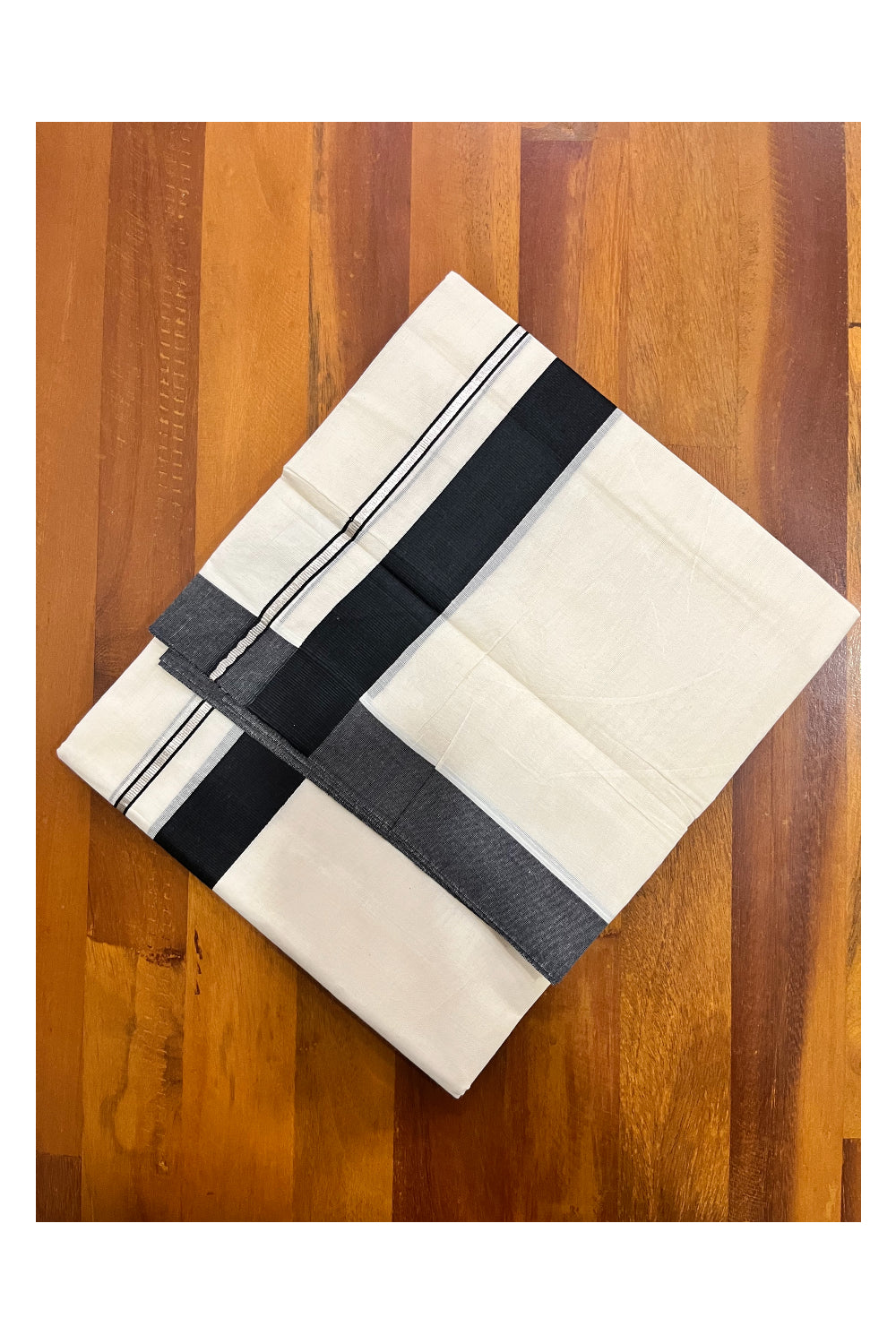 Pure Cotton Double Mundu with Silver Kasavu and Black Border (South Indian Kerala Dhoti)