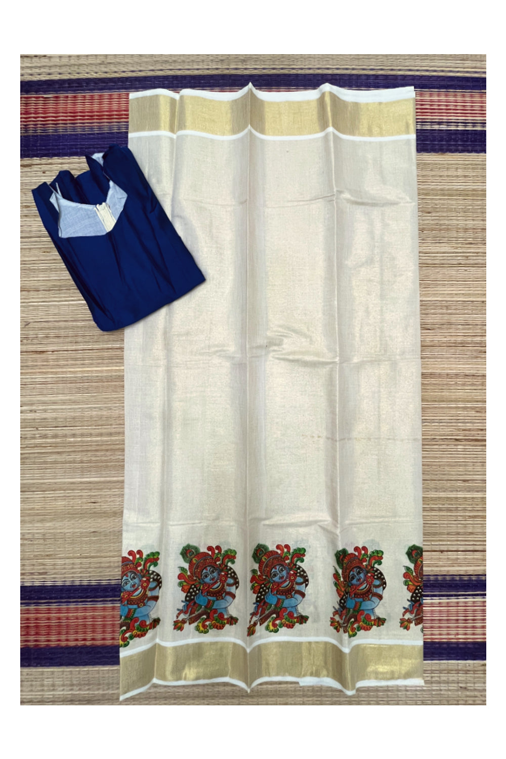 Semi Stitched Pavada Blouse with Tissue Mural Prints and Blue Designs