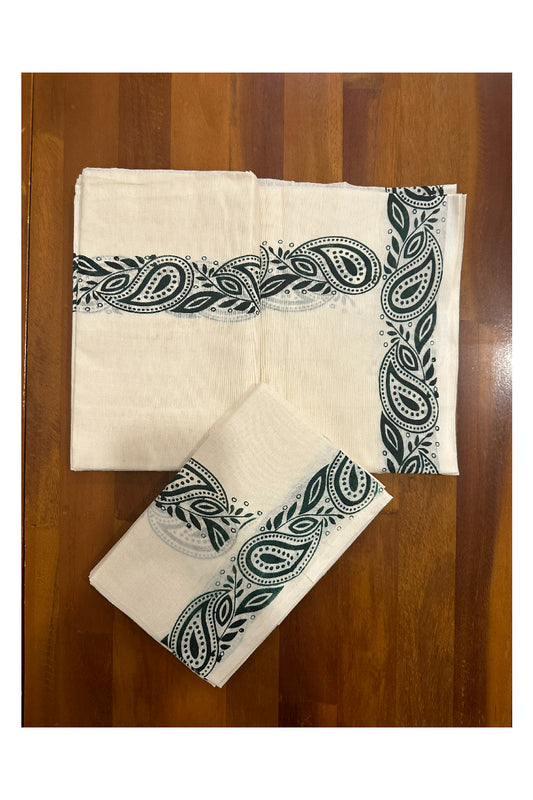 Kerala Cotton Set Mundu (Mundum Neriyathum) with Green Block Printed Border (Onam Set Mundu 2023)