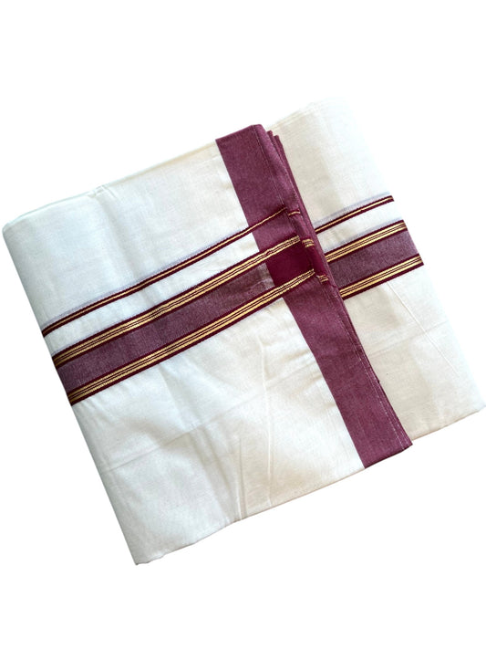 Southloom Pure Cotton Mundu with Golden Lines and Maroon Border (South Indian Kerala Dhoti)
