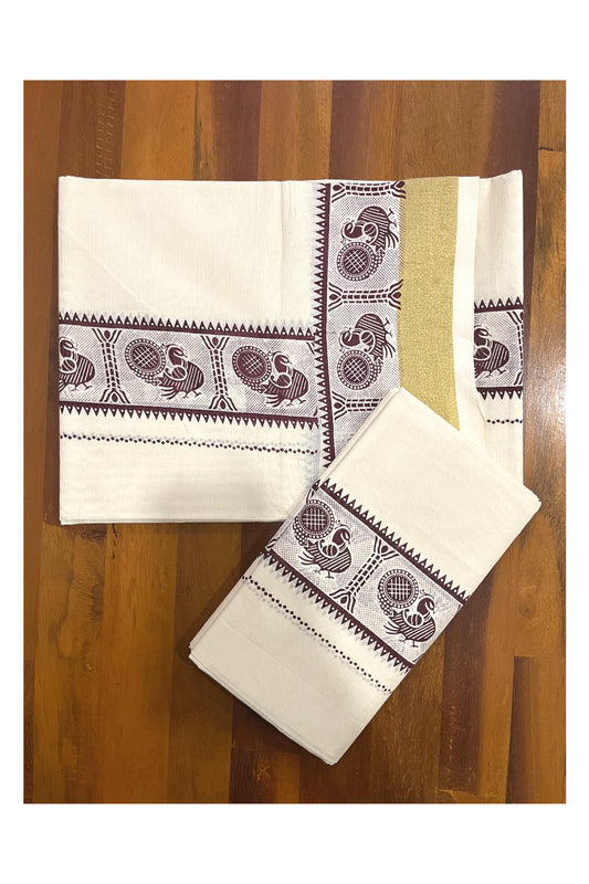 Cotton Kerala Single Set Mundu with Brown Peacock Block Prints on Border