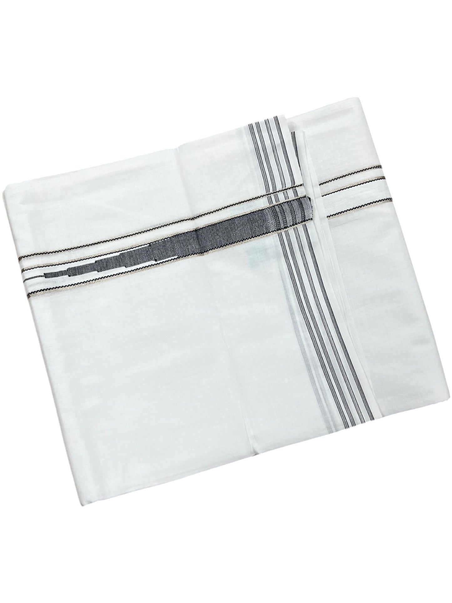 Pure White Cotton Double Mundu with Silver and Black Chutti Kara (South Indian Dhoti)