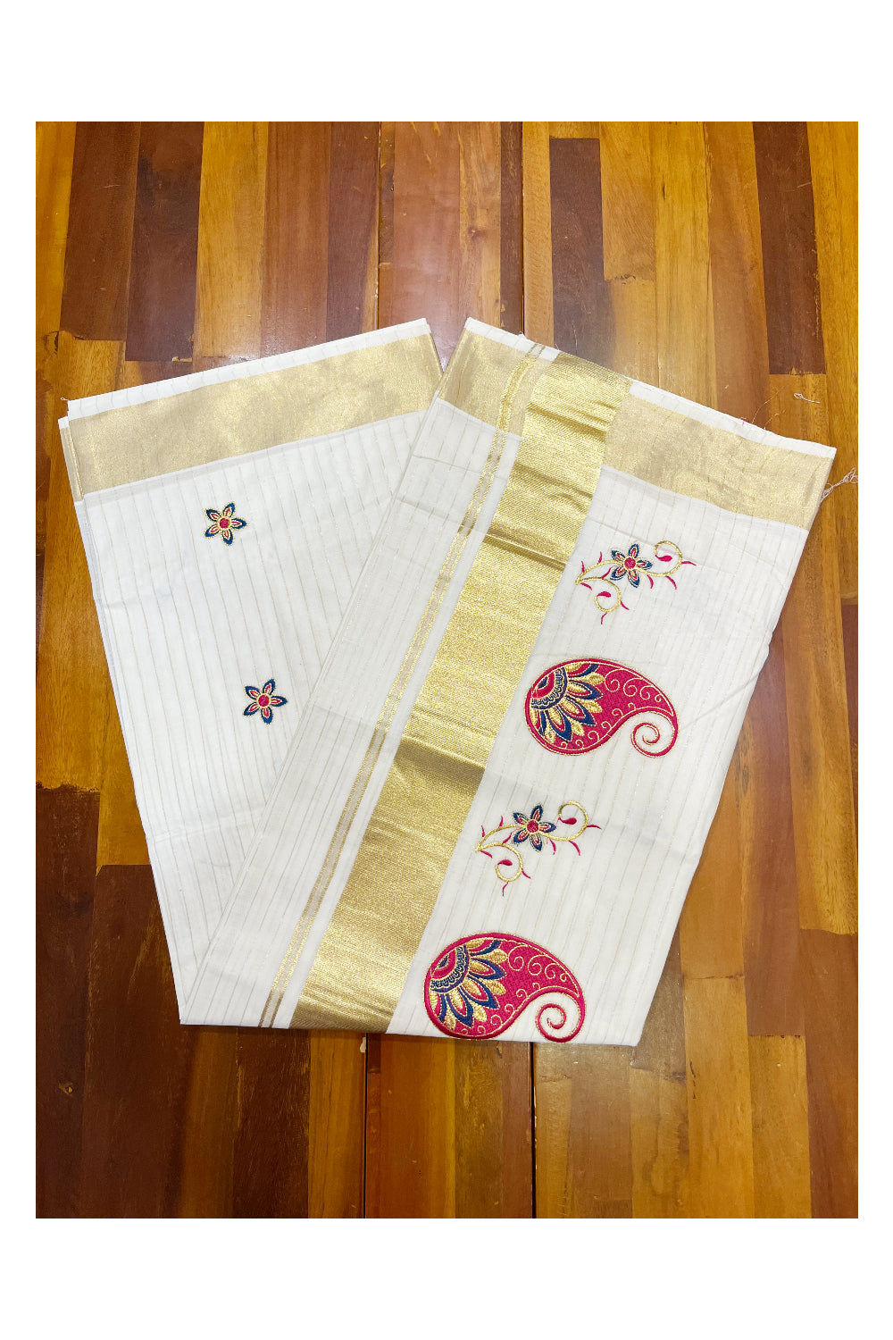 Southloom Kerala Cotton Kasavu Lines Saree with Paisley Embroidery Works on Body