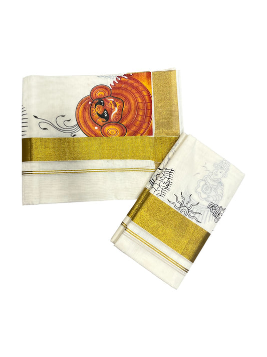 Southloom Kerala Cotton  Set Mundu (Mundum Neriyathum) with  Theyyam Printed Design