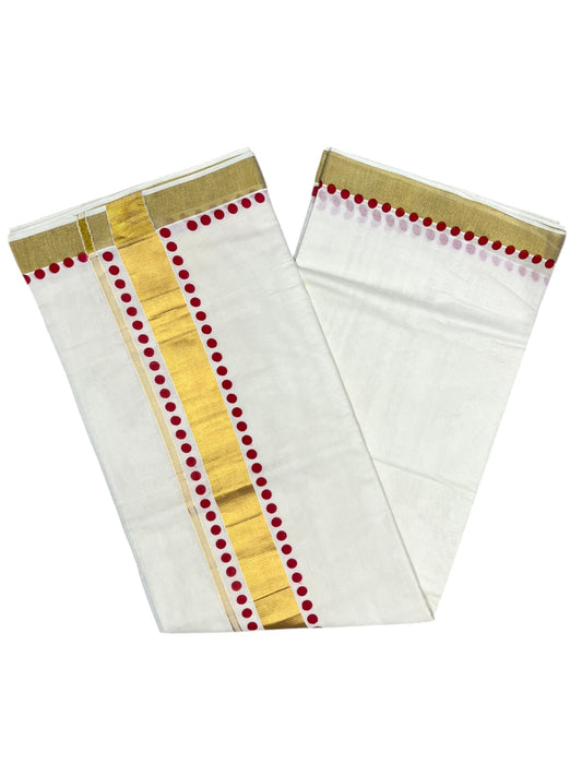 Southloom Cotton Kerala Kasavu Saree with Red Polk Dots Design Border