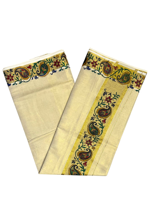 Southloom Tissue Kerala Kasavu Saree with Floral Print on Border
