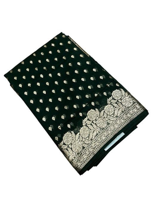 Southloom Cotton Banarasi Silk Saree with Woven Work on Body and Borders (Green)