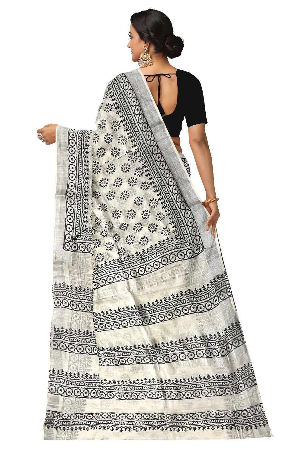 Southloom Linen Pure White Designer Saree with Black Prints and Tassels