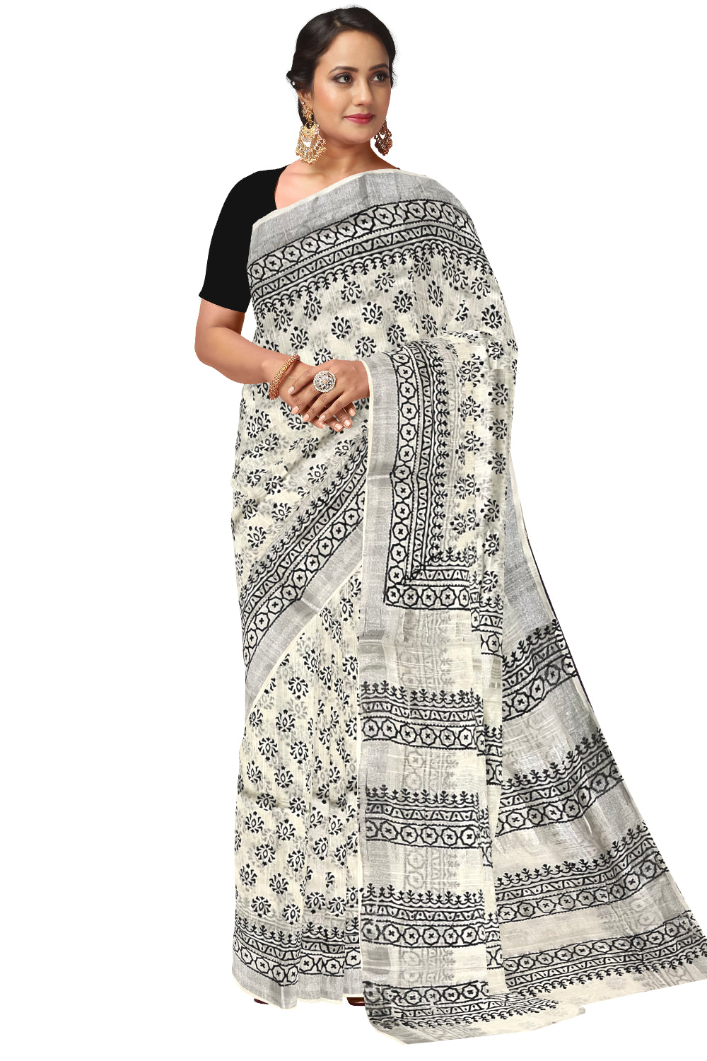 Southloom Linen Pure White Designer Saree with Black Prints and Tassels