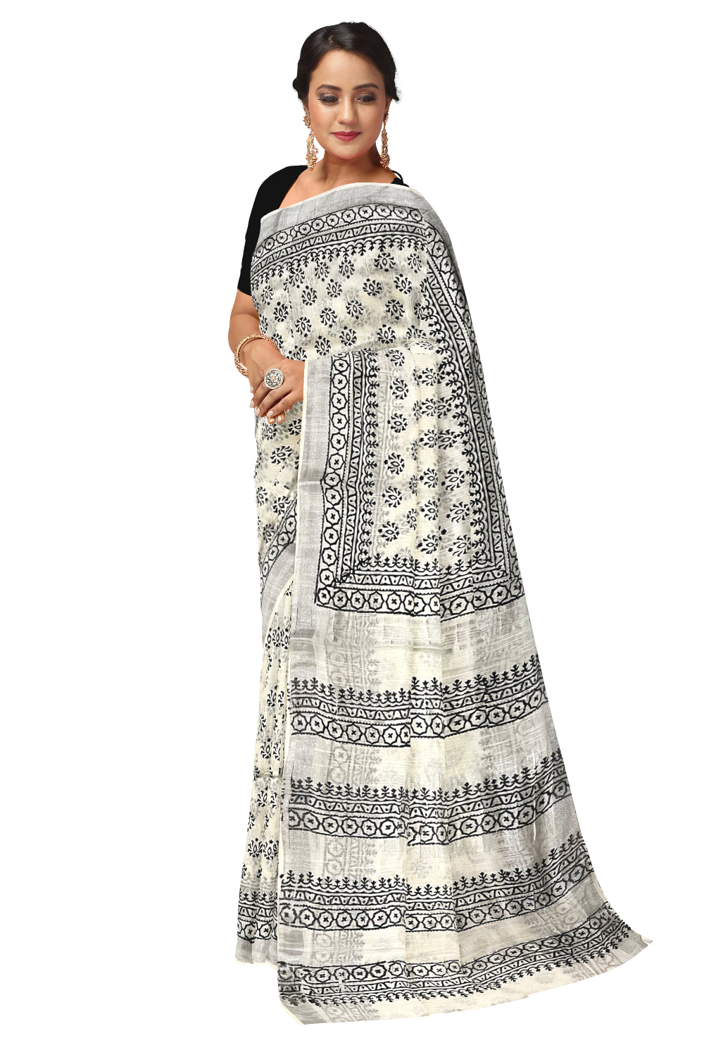 Southloom Linen Pure White Designer Saree with Black Prints and Tassels