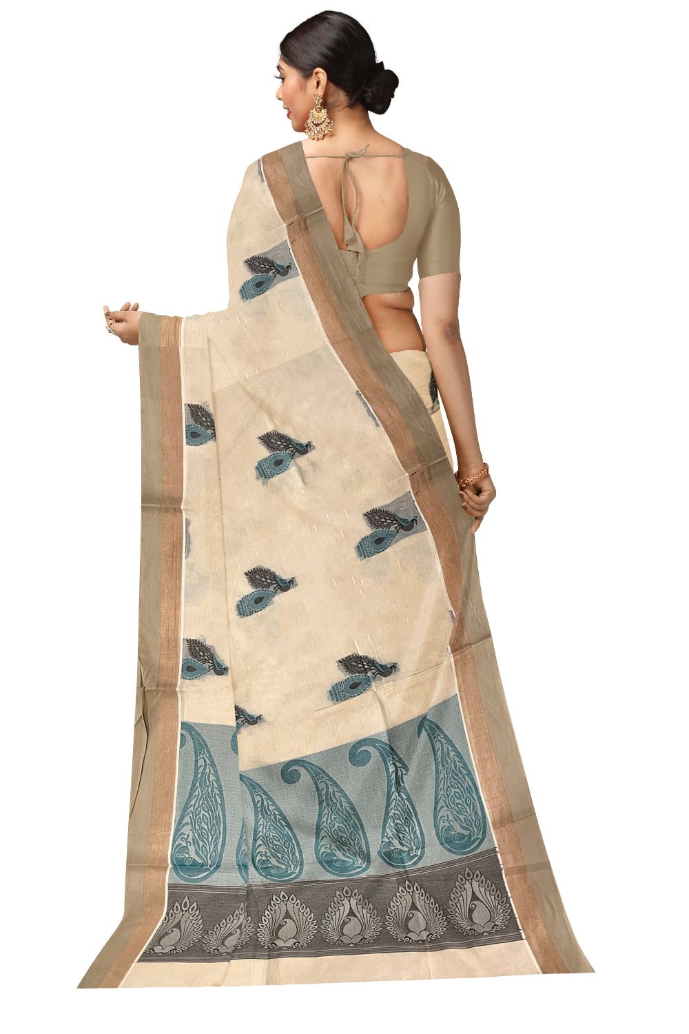 Southloom Light Brown Cotton Saree with Peacock Woven Designs