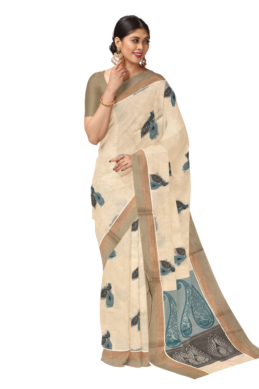 Southloom Light Brown Cotton Saree with Peacock Woven Designs