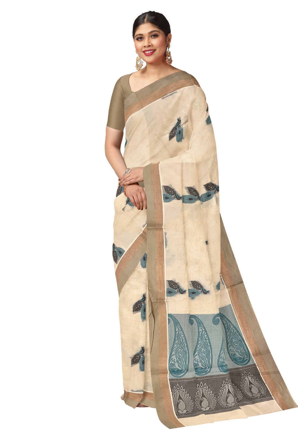 Southloom Light Brown Cotton Saree with Peacock Woven Designs