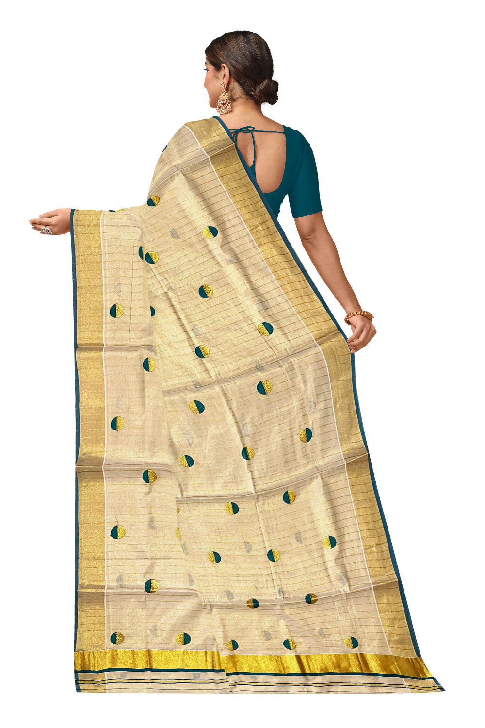 Kerala Tissue Kasavu Saree with Kasavu Lines Across Body and Green Semi Polka Woven Designs