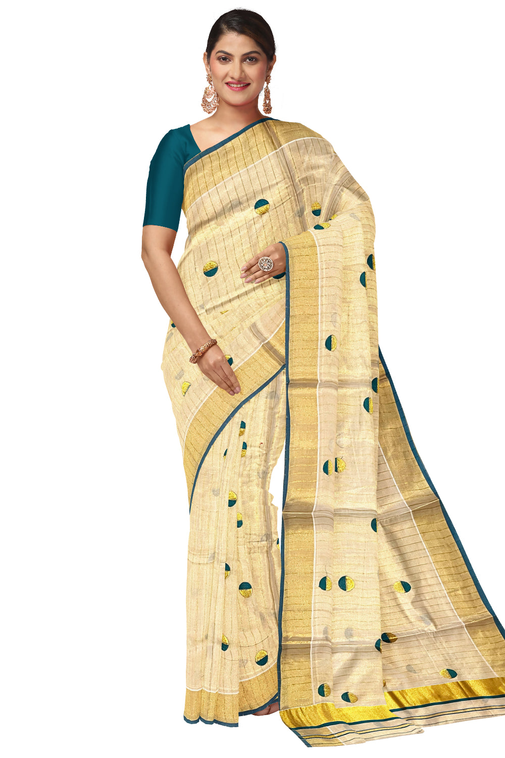 Kerala Tissue Kasavu Saree with Kasavu Lines Across Body and Green Semi Polka Woven Designs