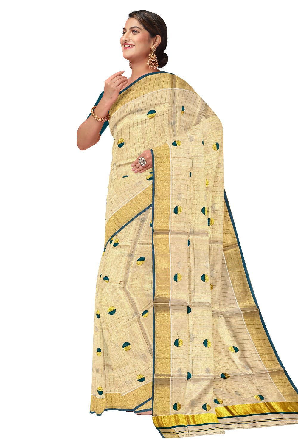 Kerala Tissue Kasavu Saree with Kasavu Lines Across Body and Green Semi Polka Woven Designs