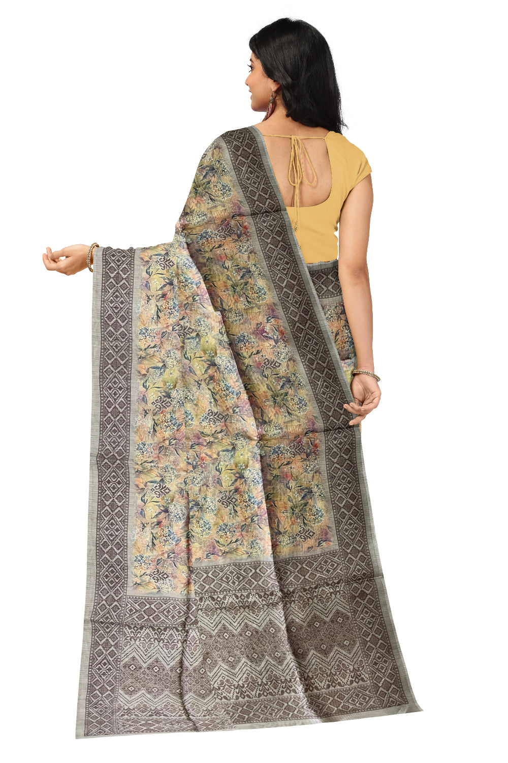 Southloom Semi Tussar Yellow Floral Designer Saree with Brown Woven Border