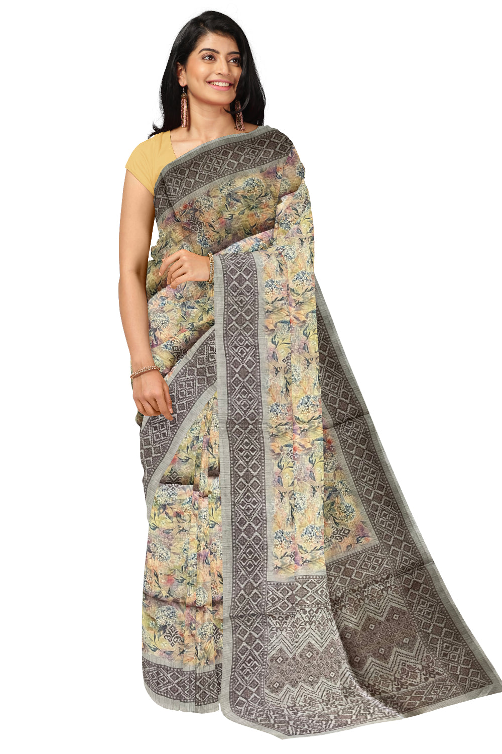 Southloom Semi Tussar Yellow Floral Designer Saree with Brown Woven Border